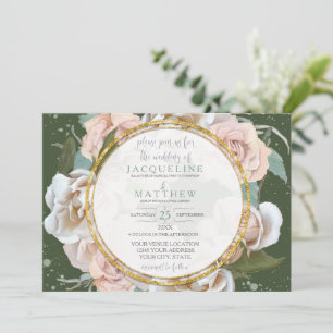 Blush Rose Floral Gold Moss Green Foliage Elegant Invitation