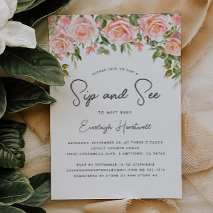 Blush Rose Floral Greenery Sip and See Baby Shower Invitation