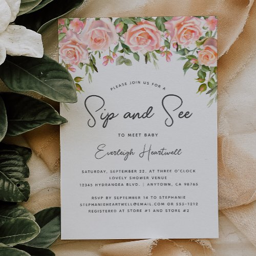 Blush Rose Floral Greenery Sip and See Baby Shower Invitation