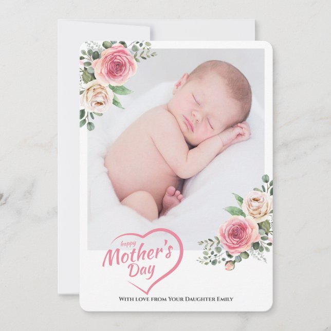 Blush Rose Floral Happy Mother's Day 1 Photo Holiday Card (Front)