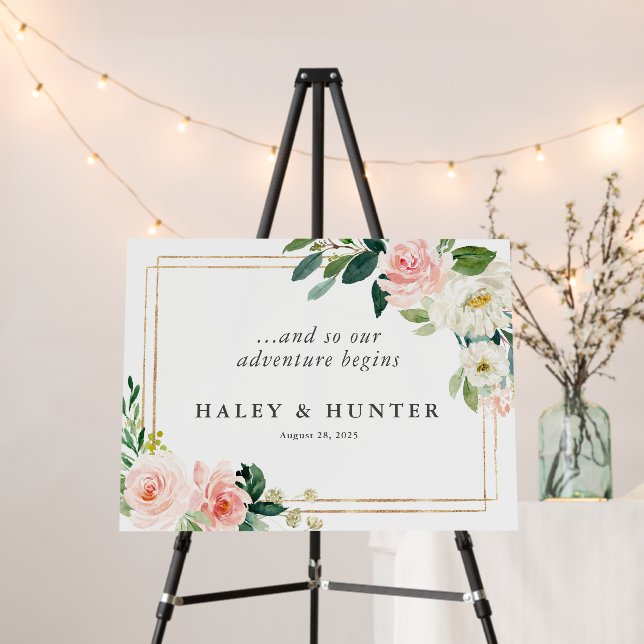 Blush Rose Floral Our Adventure Begins Wedding Foam Board (In Situ (Stand))
