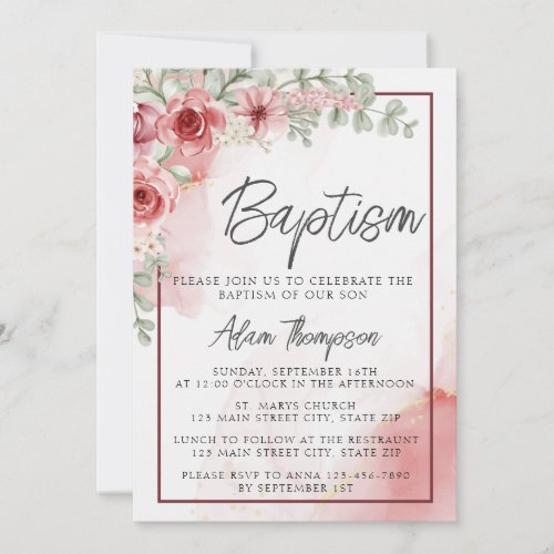 Blush Rose Floral Watercolor Baptism Invitation
