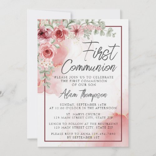 Blush Rose Floral Watercolor First Communion Invitation