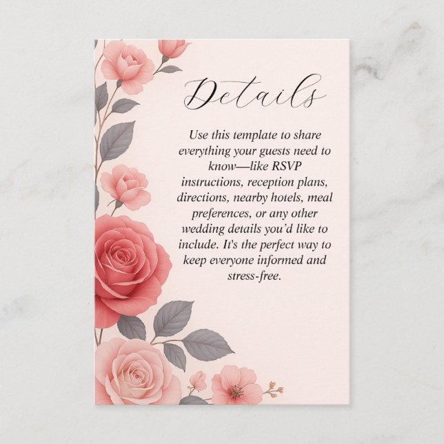 Blush Rose Floral Wedding Details Enclosure Card (Front)