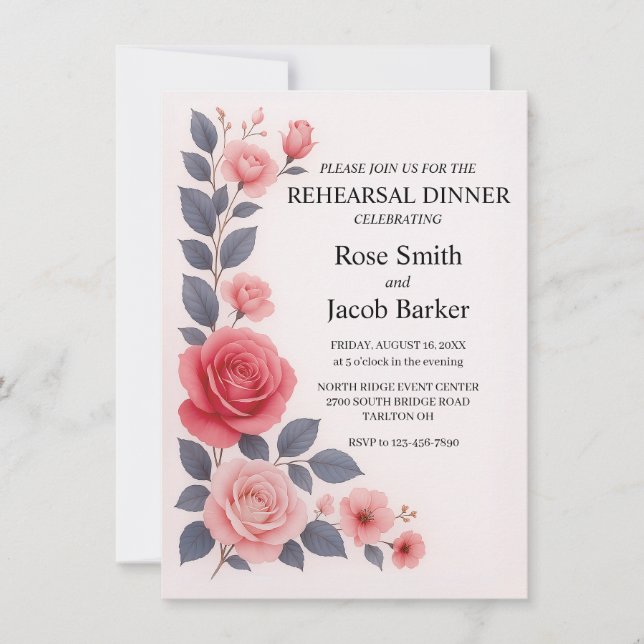 Blush Rose Floral Wedding Rehearsal Dinner Invitation (Front)