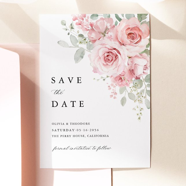 Blush Rose Floral Wedding Save The Date (Blush Rose Floral Save the Date Card, Watercolor Blush Pink Rose Wedding Announcement Card)