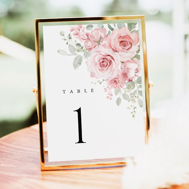 Blush Rose Floral Wedding Table Numbers (Blush Rose Floral Wedding Table Numbers, Watercolor Blush Pink Reception Table Sign in Gold Decor)