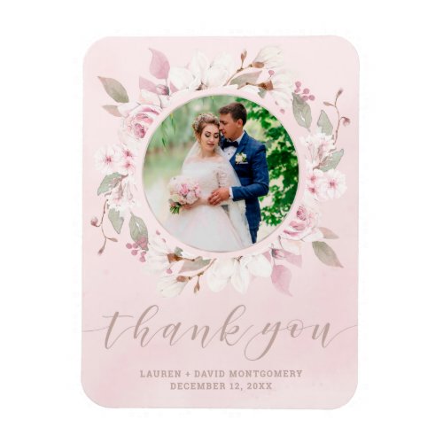 Blush Rose Floral Wreath Wedding Photo Thank You Magnet