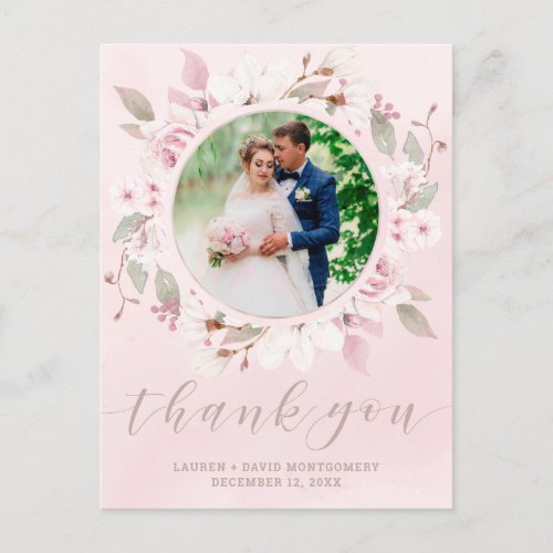 Blush Rose Floral Wreath Wedding Photo Thank You Postcard