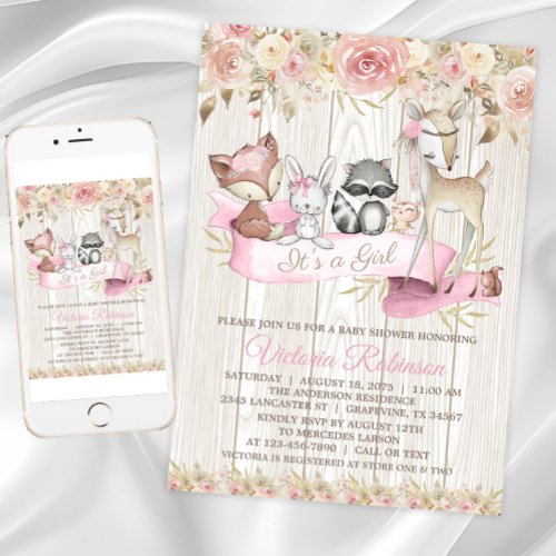 Blush Rose Girl Forest Woodland Animal Baby Shower Invitation