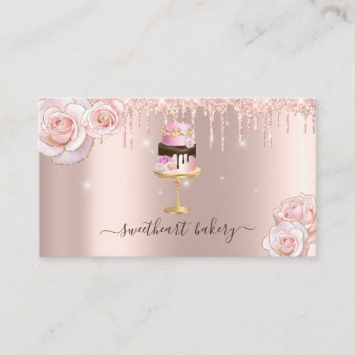 Blush Rose Glitter Drip Foil Cake Bakery Shop Business Card