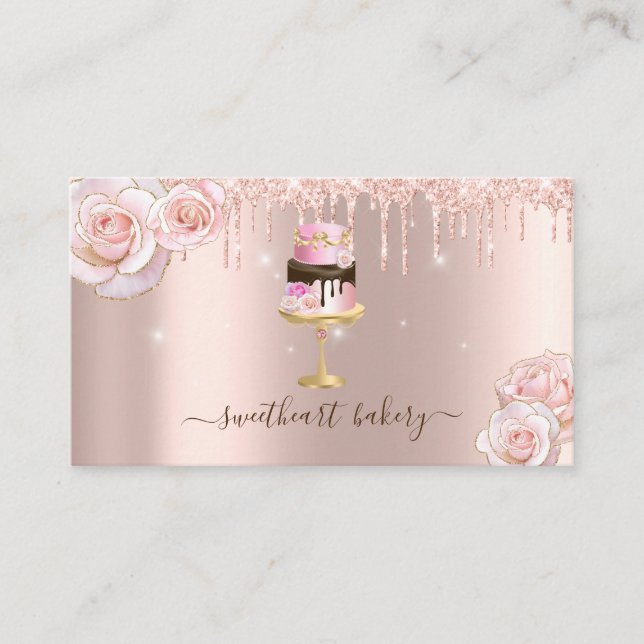 Blush Rose Glitter Drip Foil Cake Bakery Shop Business Card (Front)