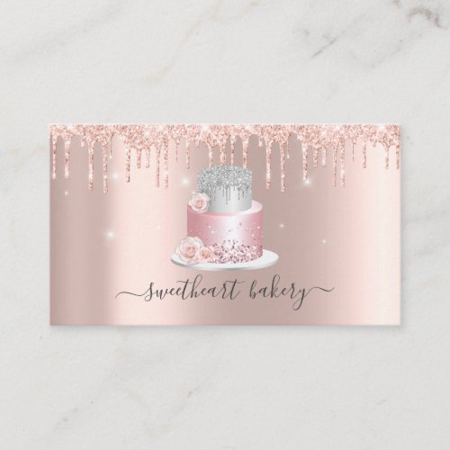 Blush Rose Glitter Drip Foil Cake Bakery Shop Business Card