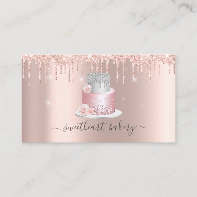 Blush Rose Glitter Drip Foil Cake Bakery Shop Business Card (Front)