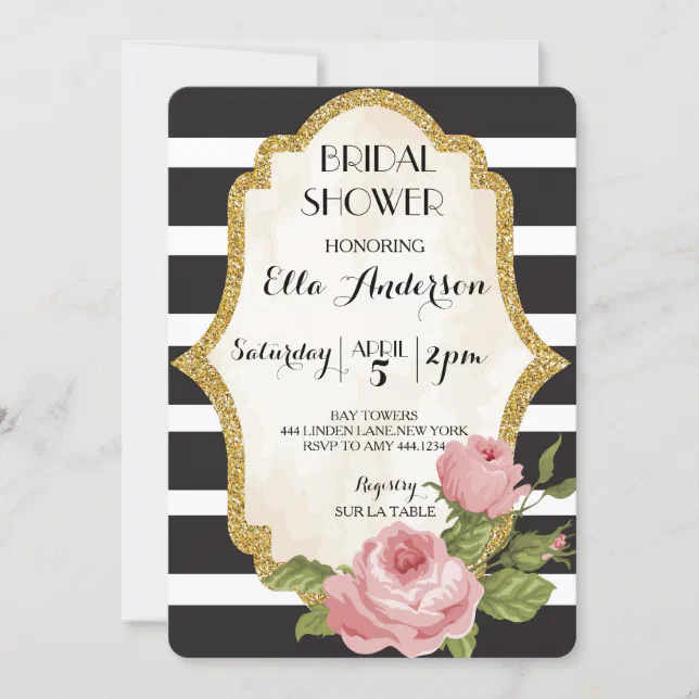 Blush Rose Glitter Stripe Bridal Shower Invitation | Zazzle