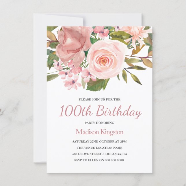 Blush & Rose Gold 100th Birthday Party Invite (Front)