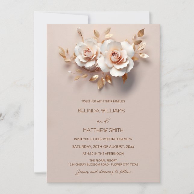 Blush  Rose Gold 3D Flowers Simple Invitation (Front)