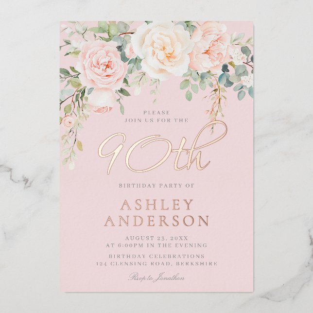Blush & Rose Gold 90th Birthday Celebration Foil Invitation (Front)
