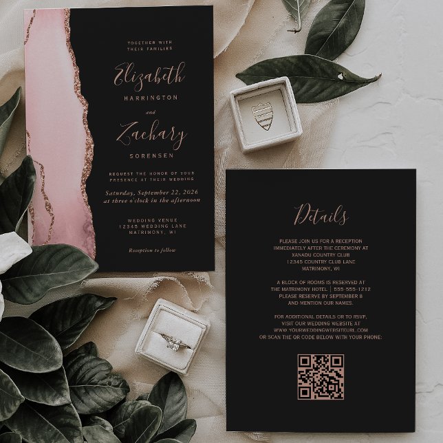 Blush Rose Gold Agate Dark QR Code Wedding Invitation (Creator Uploaded)