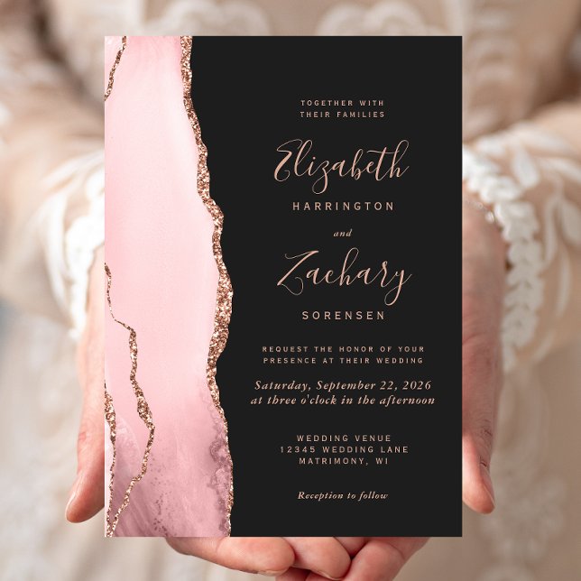 Blush Rose Gold Agate Dark Wedding Invitation (Creator Uploaded)
