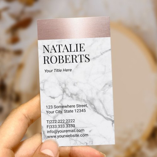 Blush Rose Gold Border Modern White Marble Business Card