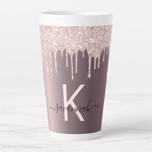 Blush rose gold brown glitter drips name monogram latte mug