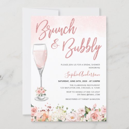 Blush Rose Gold Brunch And Bubbly Bridal Shower Invitation