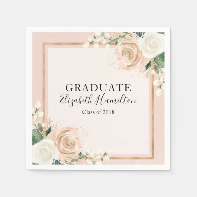 Blush & Rose Gold Chic Floral Graduation Paper Napkins (Front)