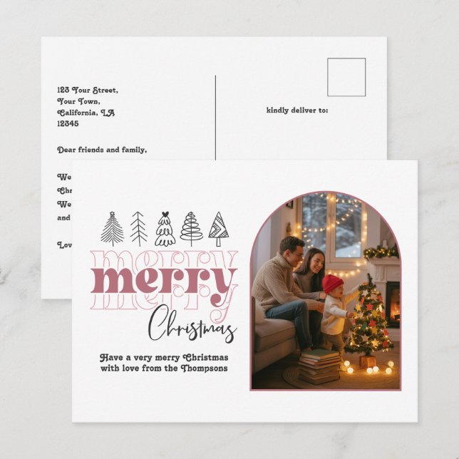 Blush & Rose Gold Cozy Arch Photo Merry Christmas Holiday Postcard (Front/Back)