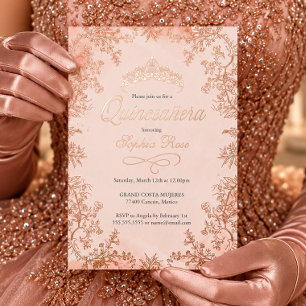 Blush Rose Gold Crown Floral Quinceanera Foil Invitation