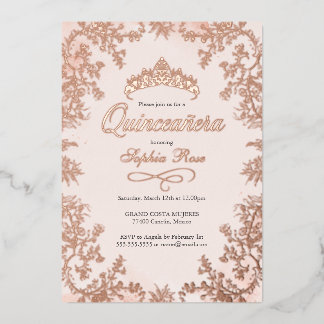 Blush Rose Gold Crown Floral Quinceanera  Foil Invitation