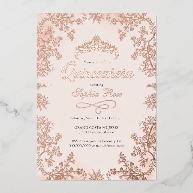 Blush Rose Gold Crown Floral Quinceanera  Foil Invitation (Front)