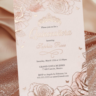 Blush Rose Gold Crown Roses Theme Quinceanera Foil Invitation