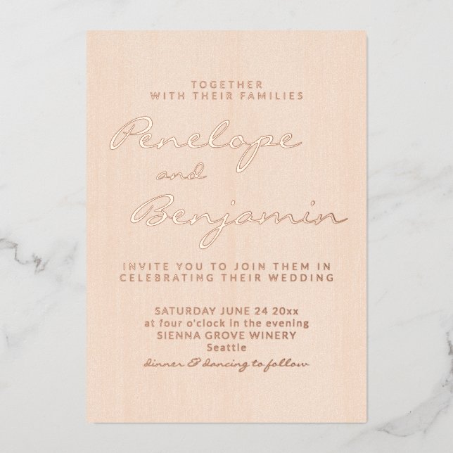 Blush Rose Gold Cursive Script Wedding Elegant Foil Invitation (Front)