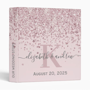 Blush Rose Gold Diamond Glitter Monogram Wedding 3 Ring Binder