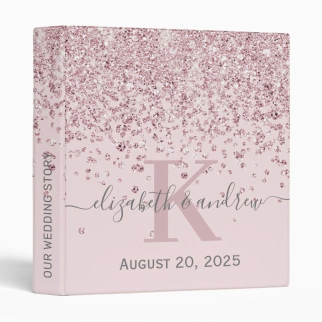 Blush Rose Gold Diamond Glitter Monogram Wedding 3 Ring Binder (Front/Spine)