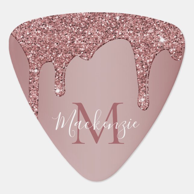 Blush Rose Gold Dripping Glitter Monogram Guitar Pick (Front)