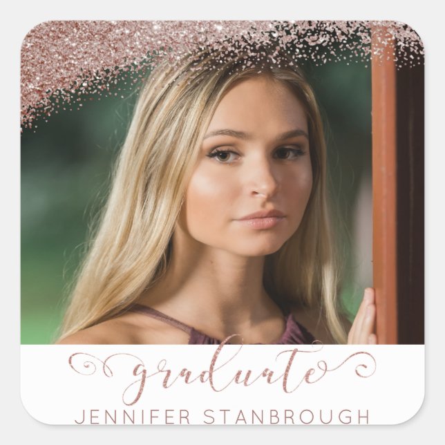 Blush & Rose Gold Elegant Script Graduate Photo Square Sticker (Front)