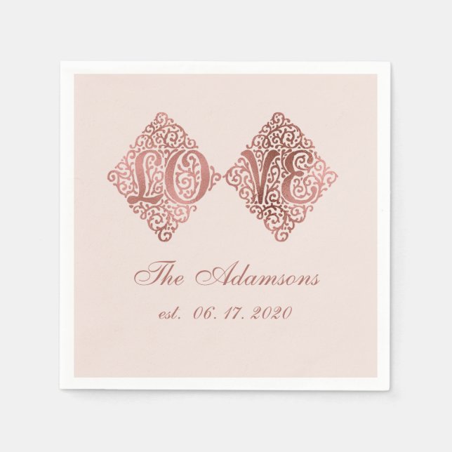 Blush Rose Gold Engraved LOVE Calligraphy Wedding Paper Napkins (Front)