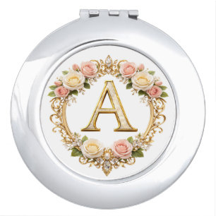 Blush Rose Gold Filigree Letter A Wedding Compact Mirror