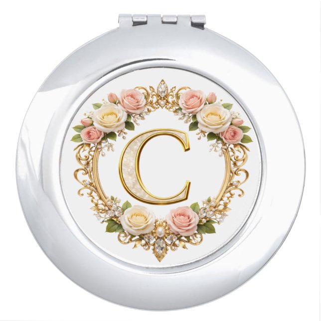 Blush Rose Gold Filigree Letter C Wedding Compact  Mirror (Front)