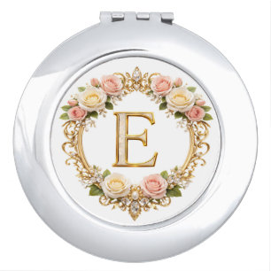 Blush Rose Gold Filigree Letter E Wedding Compact Mirror