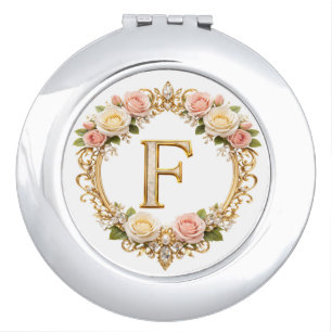 Blush Rose Gold Filigree Letter F Wedding Compact Mirror