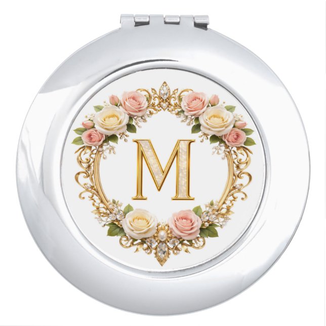 Blush Rose Gold Filigree Letter M Wedding Compact  Mirror (Front)
