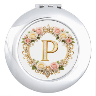 Blush Rose Gold Filigree Letter P Wedding Compact  Mirror