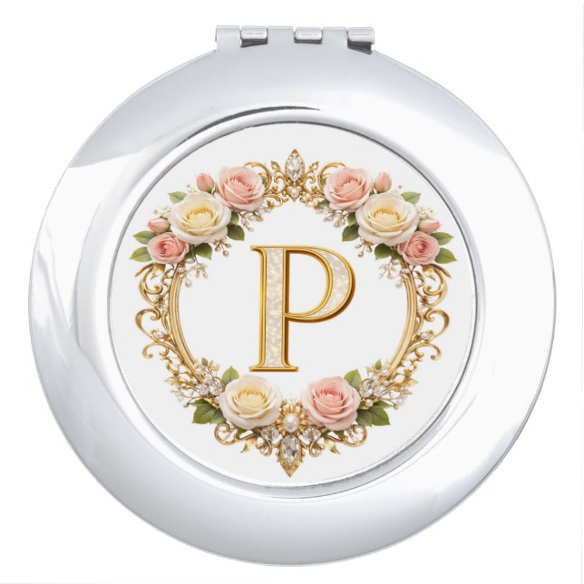 Blush Rose Gold Filigree Letter P Wedding Compact  Mirror (Front)