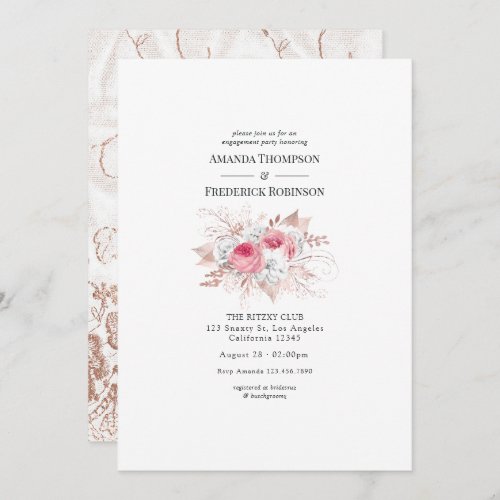 Blush  Rose Gold Floral and Lace Engagement Party Invitation