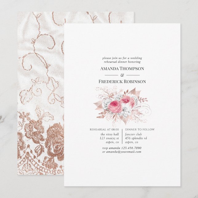 Blush & Rose Gold Floral and Lace Rehearsal Dinner Invitation (Front/Back)
