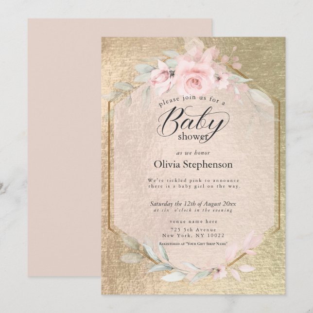 Blush Rose Gold Floral Baby Shower Invitation (Front/Back)