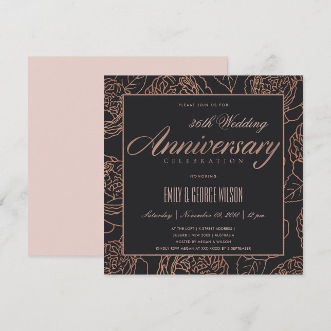 BLUSH ROSE GOLD FLORAL BLACK ANY YEAR ANNIVERSARY INVITATION (Front/Back)